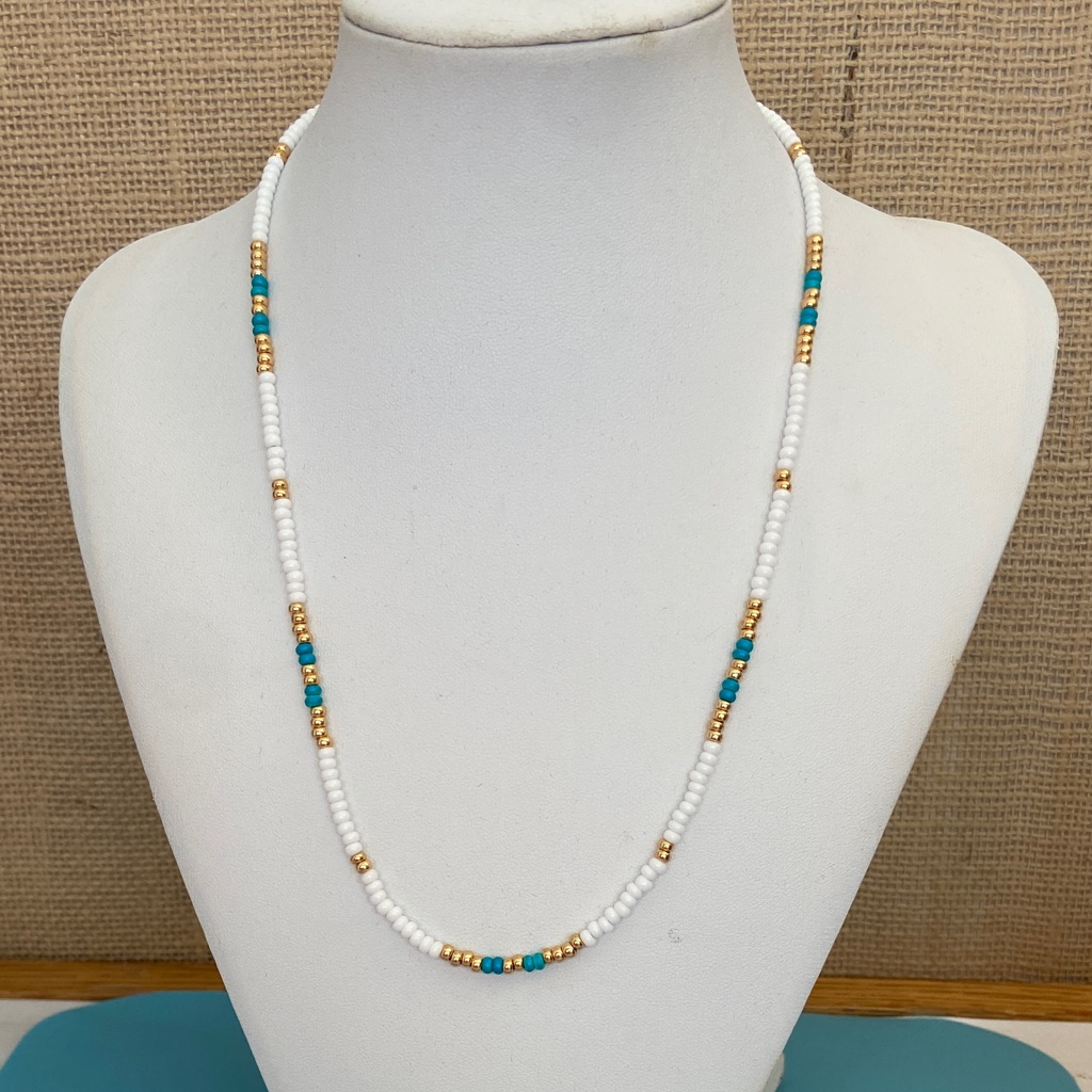 Dainty Seed Bead Chocker Necklace White Gold And Turquoise Blue 18$